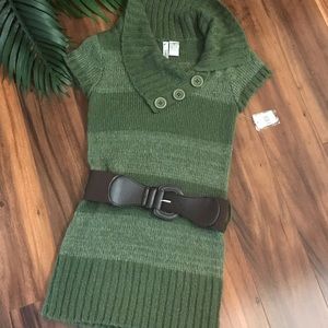 Green Stripe Sweater Dress with Brown Belt